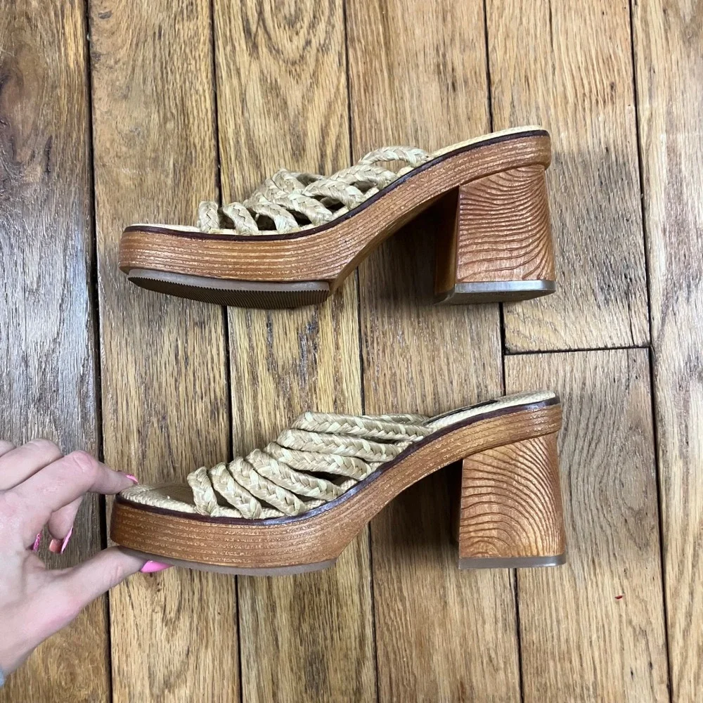 Vintage lei Platform Sandals Woven Straw Wood Block Heel Mules Tan Brown 90s